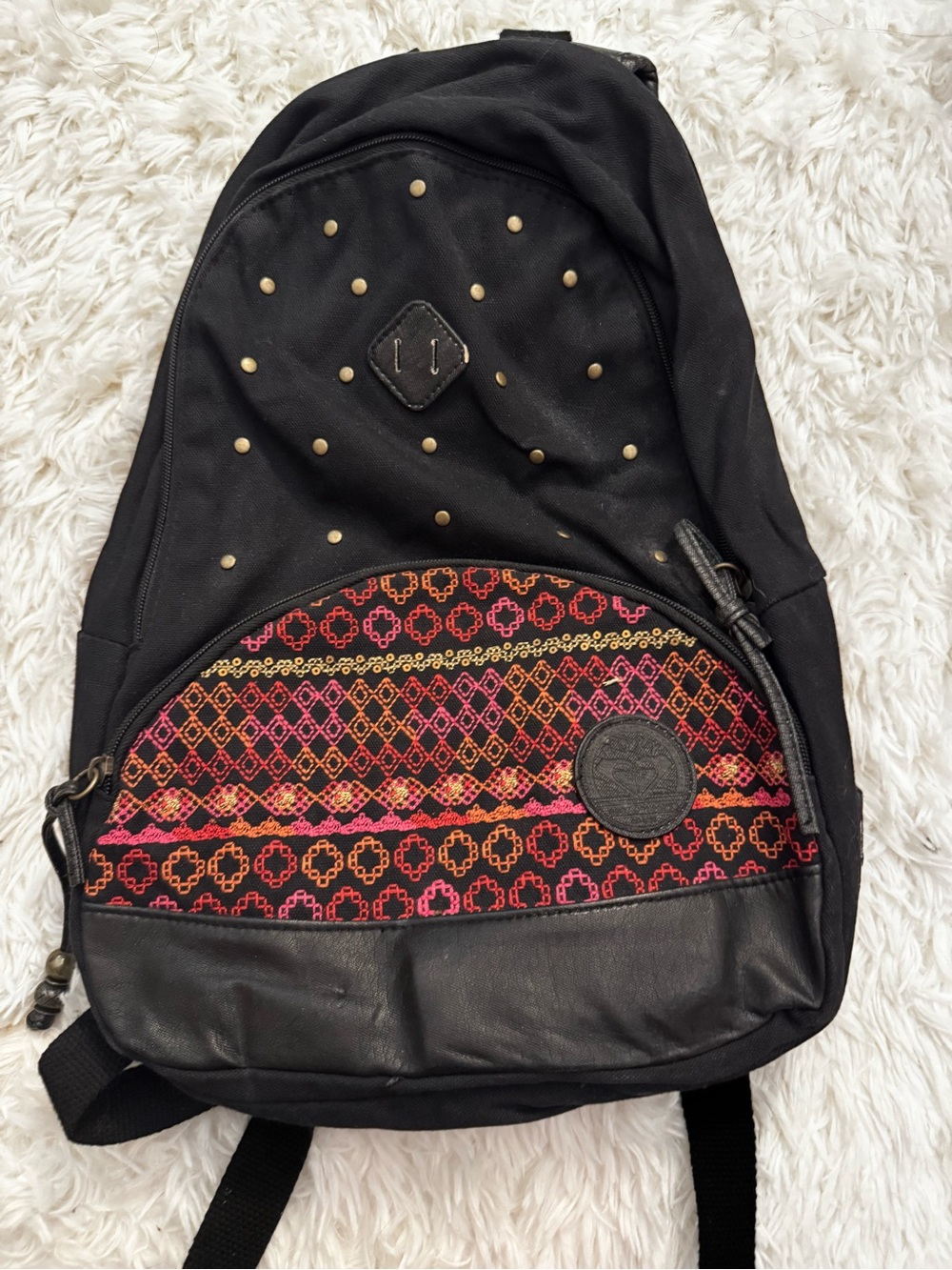 Roxy Black Backpack with Pink & Orange Patterned Front Pocket